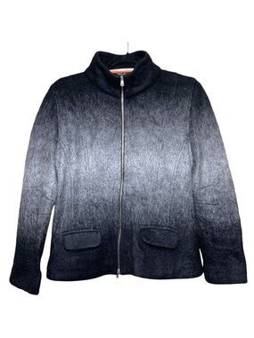 Marc Cain Knit Mohair Wool Cardigan Jacket Black Gray Fuzzy Fur Full Zip Sz 8